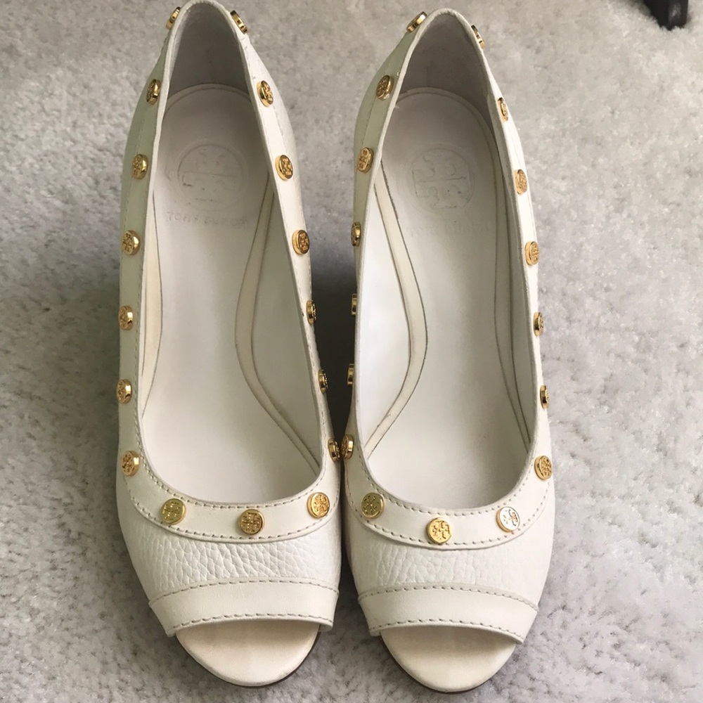 Tory Burch White Wedges with Gold Hardware